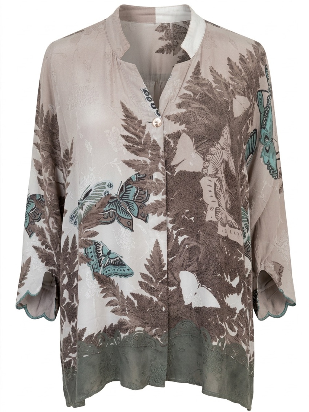 Citron Womens Taupe & Teal Butterfly Print Button-Front Top #178